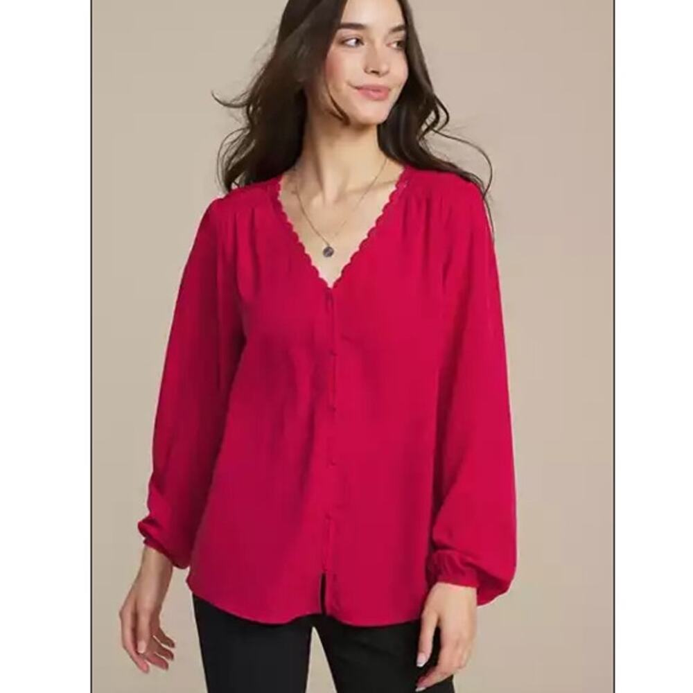 Maurices Size XL Red V-Neck Lace Trim Button-Front Long Sleeve Blouse NWT